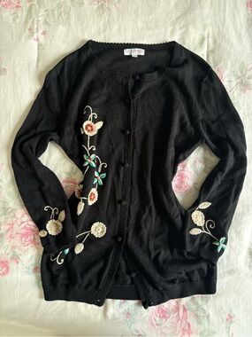 American Retro Black Cardigan with Cream & Teal Floral Embroidery